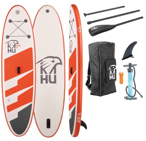 KAHU® Joy 9’8’’ Stand up Paddling Board – aufblasbares iSUP Board komplett Set inkl. Alu-Paddel und Pumpe - Allroundboard für Einsteiger – 15cm Dick – 120kg Traglast – Kajak Sitz als Zubehör – Orange