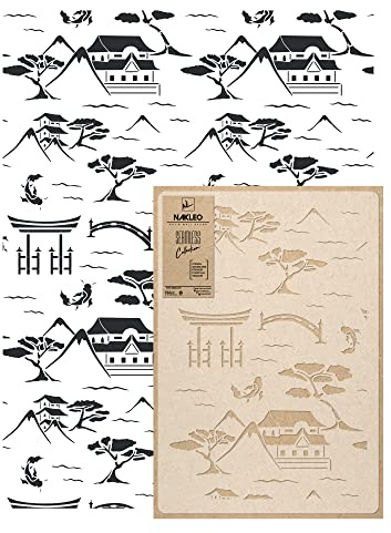 NAKLEO Wall Painting Stencil Large Size, 59x95cm Japanese Landscape Oriental Mountain Reusable Plastic Template, Geometric Pattern Wallpaper, DIY Home Decor Craft, Wood Floor Furniture