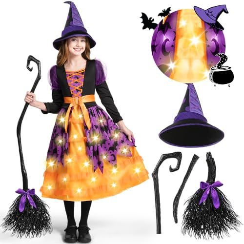 Spooktacular Creations Costume da strega illuminata arancione e nera per ragazze dai 3 ai 10 anni, ragazze da strega per feste con gonna e cappello luminosi