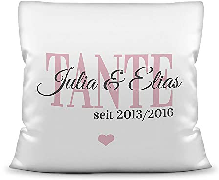 Kissen mit Füllung - Tante seit - zum selbst gestalten mit Kindernamen und Geburtsjahren - Geschenk für die Beste Tante - Kissen Polyester - Weiß, 40x40 cm