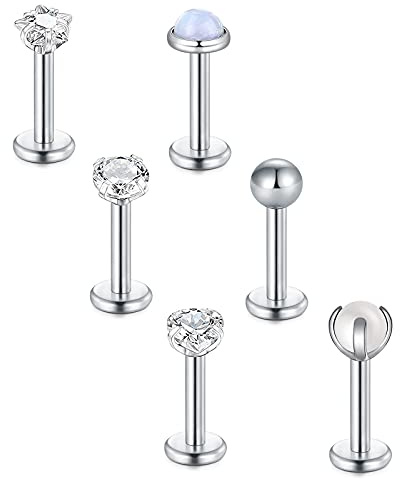 Briana Williams 6stk Tragus Piercing Lippenpiercing Labret Stecker Chirurgenstahl Silber 16G 6/8/10mm Stab mit Zirkonia Helix Ohr Piercing