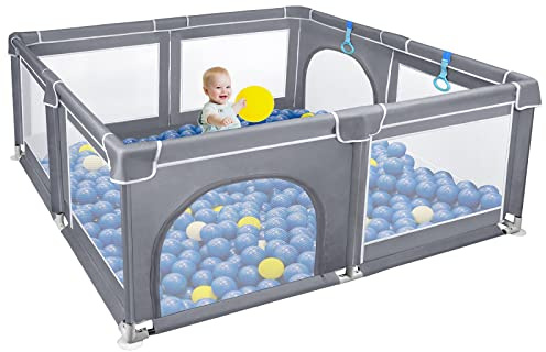 UISEBRT Laufstall Baby Laufgitter Schutzgitter mit Rutschfester Basis und Atmungsaktivem Netz, Stabiler Absperrgitter Aktivitätszentrum für Kinder, Grau, 200x180cm