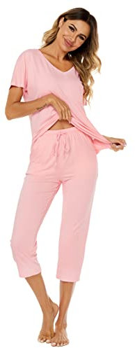 Ietaoo Survêtements Coton Femme Ensemble de Pyjama 2 Pièce Sportswear Jogging Été Col en V Haut et 3/4 Pantalon Sweat Suit Tenue Sport Ensemble Vêtements de Nuit Rose L