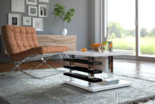Design Couchtisch DC-2 Weiß Hochglanz/Schwarz Hochglanz 60x60x40cm eckig Ablage modern quadratisch Wohnzimmertisch Beistelltisch Sofatisch platzsparend Wohnzimmer kleine Räume Living Room Table
