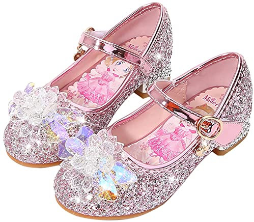 YOGLY Scarpe da Principessa per Ragazze Elsa Cristallo Balletto Tacchi Alti Flamenco Paillettes Sandali Bambini Natale Carnevale Partito Matrimoni Compleanno Battesimo Costume Accessori Blu Rosa 01