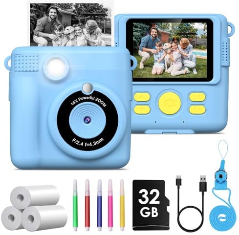 GREENKINDER Kinderkamera Sofortbildkamera, 1080P 2,4 Zoll Bildschirm Sofortbildkamera Kinder mit Druckpapier & 32GB Karte, Digitalkamera Kinder mit Farbigen Stiften Geschenk für Junge 3-12 Jahre