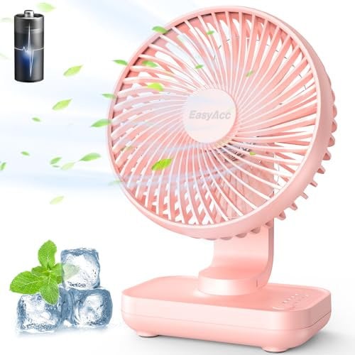 EasyAcc Ventilador de Mesa USB, Silencioso Recargable Ventiladores 4000mAh, Potente con 4 Velocidades, Mini Base Carga Rápida, Ventilador Portátil para Hogar, Oficina, Dormitorio, Exteriores, Rosa