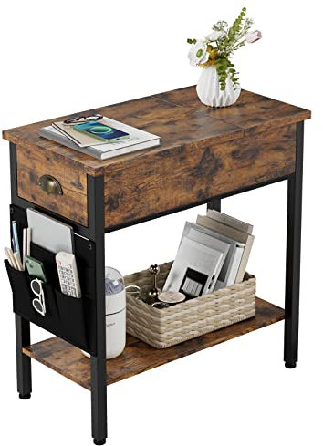 HAUSPROFI Beistelltisch, Couchtisch, Nachttisch, klappbare Tischplatte, mit Ablage und Stofftasche, für Wohnzimmer, Schlafzimmer, Retro-Braun