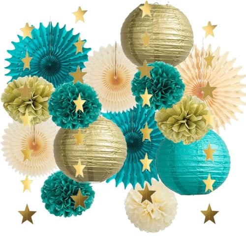FETETIJD Teal Gold Party Decorations Kit: Teal Gold Paper Lanterns, Pom Poms, Cream Paper Fans, Star Garland for Baby Shower, Bridal Shower, Birthday, Wedding, Engagement, Hen Party