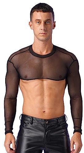 Nyeemya Camiseta de Malla Transparente Manga Larga Hombre Camiseta Interior de Rejilla Ropa Interior Muscular Hombres Ropa de Fiesta para Club Nocturno Negro Negro A M