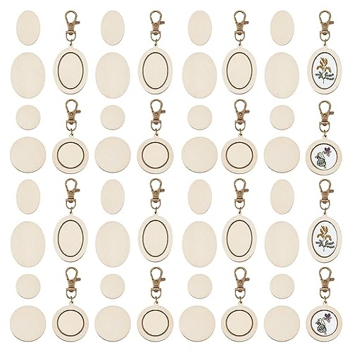 OLYCRAFT 24 Stück Mini Stickrahmen Schlüsselanhänger Winziger Hölzerner Kreuzstich Reifen Mit Karabinerverschluss Ovaler/Runder Holzanhänger Satz Für DIY Stickerei Anhänger - 8~9.2cm