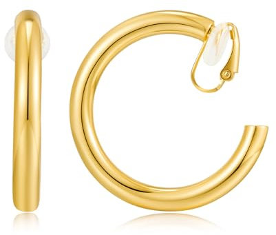 WOWORAMA Goldene Creolen Clip Ohrringe für Damen 30 mm große hohle Clip Ohrringe klassische große klobige Röhren 30 mm goldene runde Creolen