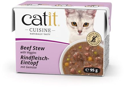 Catit Cuisine - Premium Nassfutter für Katzen - Eintopf mit Rinderfleisch und Gemüse, Ergänzungsfuttermittel, 95g, getreidefrei, hoher Fleischanteil