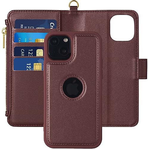 Vkooer Wallet Case for iPhone 12 / iPhone 12 Pro 6.1 inch, (2in1) Flip Foldable Cover PU Leather [Detachable Magnetic] [RFID Lock] Magnetic Protective Case with Zipper Card Case - Red Wine