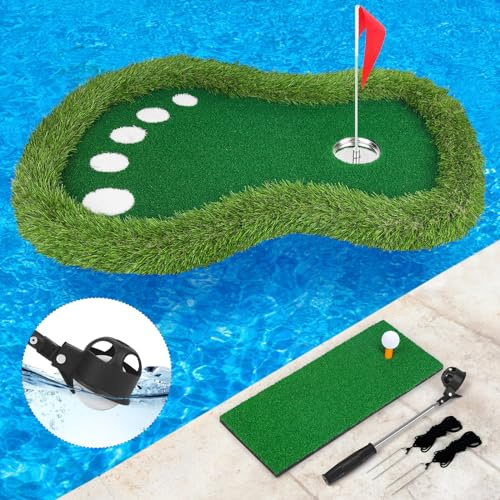 Sagsewful Schwimmende Golf-Übungsmatte für Pool und See, Chipping- und Putting-Matte mit Ballrückholer, rutschfest, für Golfer