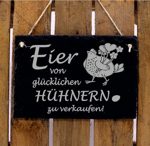 Türschild Schild Schiefer graviert - Eier von glücklichen Hühnern zu verkaufen - Eierverkauf Hühnereier Verkauf 22 x 16 cm