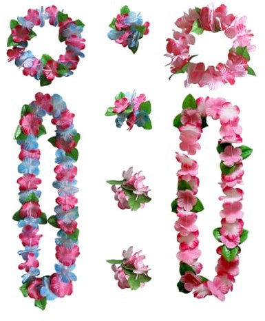 2 ghirlande hawaiane, collane a ghirlanda, fasce colorate per la danza dell'erba, adatte per cheerleading, feste in spiaggia e balli (rosa, blu rosa)