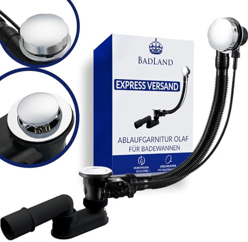 BADLAND Komplette Badewannen Ablaufgarnitur mit Automatisch und Siebeinsatz für maximale Sauberkeit - Inklusive flexiblem Überlauf, Überlaufblende und Siphon OLAF 100 cm