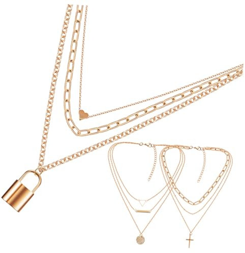 COLLBATH 3 Pcs 14 Styles of Golden Vintage Necklaces Neck Chain Lock Chain Clavicle Chain Necklace for Women Gold Lock Necklace Women Necklace Layered Necklace Metal Women's Padlock Alloy