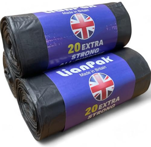 40pcs Lianpak 120L, Heavy Duty, Extra Strong, Tie Top, 40 Microns, Large Refuse Sacks, Bin Bags, Bin Liners, Recycled, Tear Resistant, Every Day, Household, Kitchen, Commercial,20 Bags/Roll, 2 Rolls