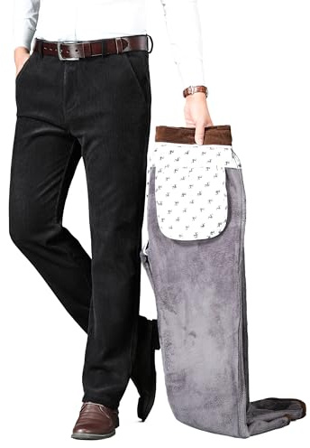 ziilay, Pantaloni da uomo in corduroy invernali, foderati con super morbido pile, stretch, Nero , 34W x 32L