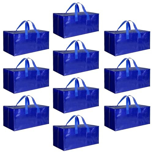 HealSmart 10 Pack Extra Large Moving Bags with Zippers & Carrying Handles, Heavy-Duty Storage Tote Moving Boxes for Dorm Room Essentials Storage Bags, Blue