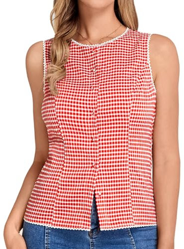 Belle Poque Damen Plaid Weste Frühling Casual Leichte runder Hals Knopfweste Rot und Weiß M
