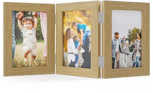 Feelhap Bilderrahmen Collage Holz 3 Bilderrahmen Holz für 3 Fotos Dreifach Faltbarer Rahmen Aufklappbar Fotorahmen Portraitrahmen Rahmen Frame Familie Hochzeit Geschenke, Holzfarbe