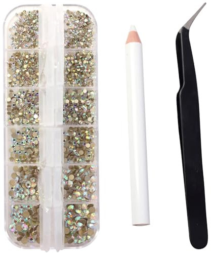 Nail Art Rhinestones, 1500PCS Rhinestones in 6 Sizes, Nail Art Gems with Pick Up Tweezers and Rhinestone Picker Dotting Pen, Tools for Nails, Craft 1.5 mm - 4.0 mm (Crystal-AB)