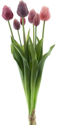 mucplants künstliche Tulpen Classic ca. 47cm Tulpenbündel mit 4 Tulpen und 3 Tulpenknospen real Touch (Mauve/Rosa)