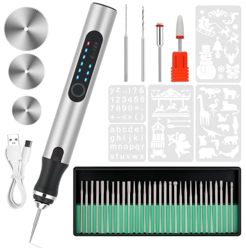 Elektrischer Gravierstift mit 37 Bits, wiederaufladbar über USB, kabelloses Ätz-Gravierwerkzeug, tragbarer DIY-Drehgravierer für Schmuck, Holz, Glas, Steinschnitzerei (Silber)