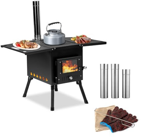 Bonnlo Camping Wood Burning Stove, Portable Hot Tent Wood Stove with Chimney Pipes, Camping Log Burner for Outdoor Cooking