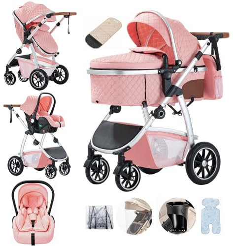 Lnhcrbs Kinderwagen 3 in 1, Baby Kinderwagen ist mit Einstellbarer Höhe Griff, Bergsteiger Kinderwagen mit Anti-Moskitonetz Regen Abdeckung Mumie Tasche Flaschenhalter,for 0-4 Years,22Kg,Rosa