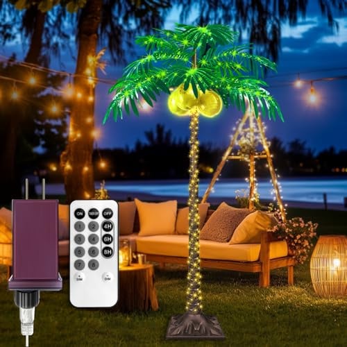 LED-Palme mit 350 Lichtern, beleuchtete Palme für Außenterrasse, mit 3 leuchtenden Kokosnüssen, dimmbar, 8 Blinkmodi und Timer.