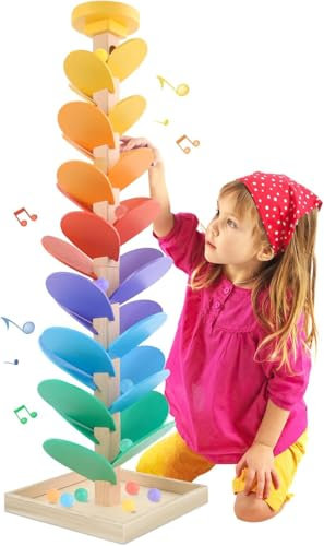 PKKP Arbre sonore en bois - Jouet de motricité - Arc-en-ciel - Jouet de motricité - Piste à billes en bois - Jouet Montessori à partir de 3 ans (30 feuilles)