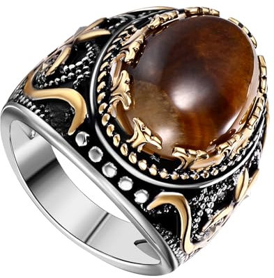 OIDEA Herren Tigerauge Retro Ring: Gold Biker Tigerauge Stein Ritterring aus Edelstahl Cool mit kunstvollen Mustern Schmuck Geschenk für Männer Junge Größe 52