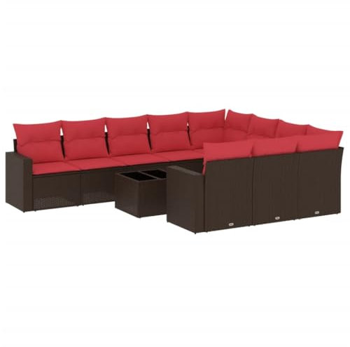 vidaXL Garten Sofa Garnitur 11-TLG., Gartenmöbel Set mit Kissen, Sitzgruppe für Garten Terrasse, Modular Gartensofa Lounge Tisch, Braun Poly Rattan