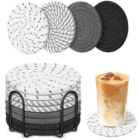 Huotflame Untersetzer Set Baumwolle - rutschfeste Hitzebeständige Platzdeckchen für Küche & Esstisch 8er Set mit Halter - Runde Grau Getränkeuntersetzer Ø11cm für Tassen, Gläser, Töpfe & Dekoration