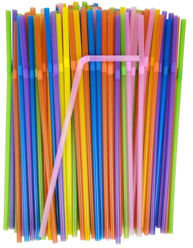 100 Pcs Colorful Plastic Straws - 8.26 Inch Flexible Disposable Drinking Straws for Parties, Cafes & Home Use