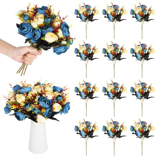 12 Sträuße künstlicher blauer Rosen, Seiden-Kamelien-Tee-Rosensträuße, perfekt für Hochzeiten und Heimdekoration, elegante Tafelaufsätze für Tische
