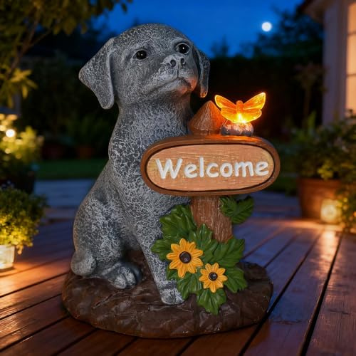 NINNSSOT Figurine de chien solaire pour décoration de jardin, statue de décoration extérieure avec papillon et tournesol pour maison, jardin, terrasse, cour, balcon, pelouse, cadeau idéal pour femme