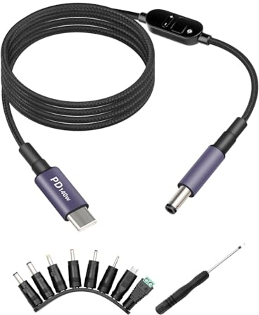 RIIEYOCA 140W USB-C auf DC einstellbares Netzteil, Barrel-PD-Triggerkabel, USB-C auf DC Schaltkabel 5V/9V/12V/15V/20V/28V unterstützt PD3.1 Schnellladung mit intelligenter Spannungsanzeige (1,5M)