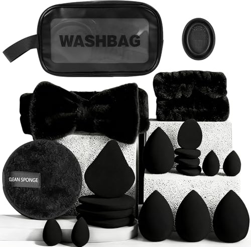 Professional 20 Pcs Makeup Sponge Set with Storage Box | Includes 8 Beauty Blending Sponges, 8 Powder Puffs, Headband & 2 Wrist Bands for Flawless Foundation, Powder Application