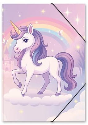 itenga Gummizugmappe DIN A4 PP – innen & außen bedruckt – Mädchen Motive (Einhorn, Pferd, Meerjungfrau, Schmetterling) – stabile Kunststoff Sammelmappe (EINHORN ZAUBERWOLKE)