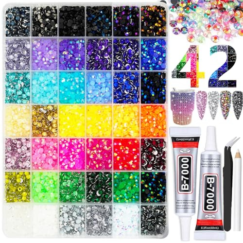 42Colours Rhinestone for Bedazzling Kit with 2pcs Glues and Tools | 35000pcs 42 Colors 3mm Rhinestones Gems NONHOTFIX Bedazzler with 2pcs B7000 Glues And Pickup Tools for DIY crafting