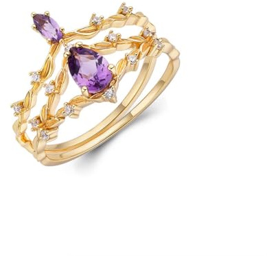 Hochzeitsring Gold 9K/14K/18K Echtes mit Tropfen Lila Amethyst 2Pcs Set Klassiker Gr.47-65