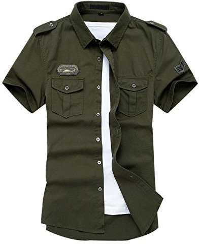 Men's Short Sleeve Military Button Down Cargo Shirt - Green - S