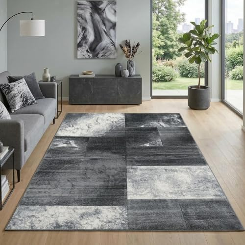 Carpetsale24 Teppich 120x170 cm Kurzflor Konturenschnitt in Grau Weiß Kariertes Design, Extra Weich, Waschbar, Pflegeleicht Für Wohnzimmer, Schlafzimmer, Esszimmer