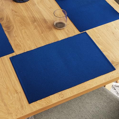 Encasa XO Platzsets Esstisch Set von 6 | Solide blau | Fein gerippte Baumwoll-Tischunterlage | Größe 48x32 cm | Maschinenwaschbar