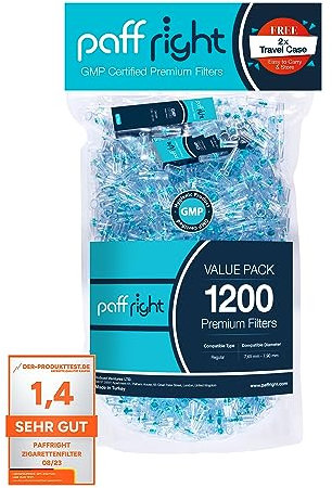 Paffright 1200 Filtri Sigarette, Bocchini per Sigaretta, Filtri Sigarette Tabacco, Filtro Anti-Catrame, Plastica 8mm, Bocchino Regular